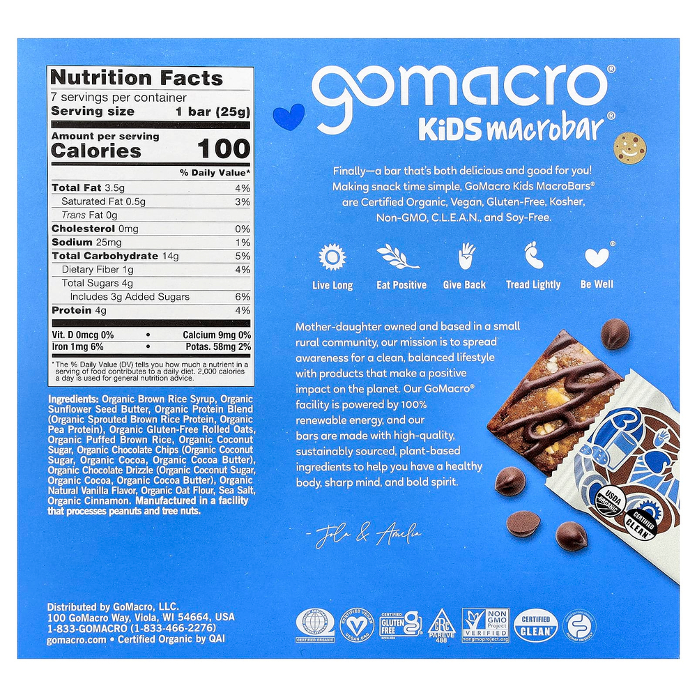 GoMacro, Kids MacroBar®, овсяное печенье с шоколадной крошкой, 7 шт. по 25 г (0,9 унции)