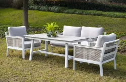 "Сан Ремо" диван 2-местный плетеный из роупа, каркас алюминий белый, роуп бежевый, ткань бежевая