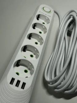 Гибридный удлинитель сетевой фильтр 5 розеток, гибридный пилот, удлинитель, разветвитель, 3 USB, длина провода 5 метров, белый