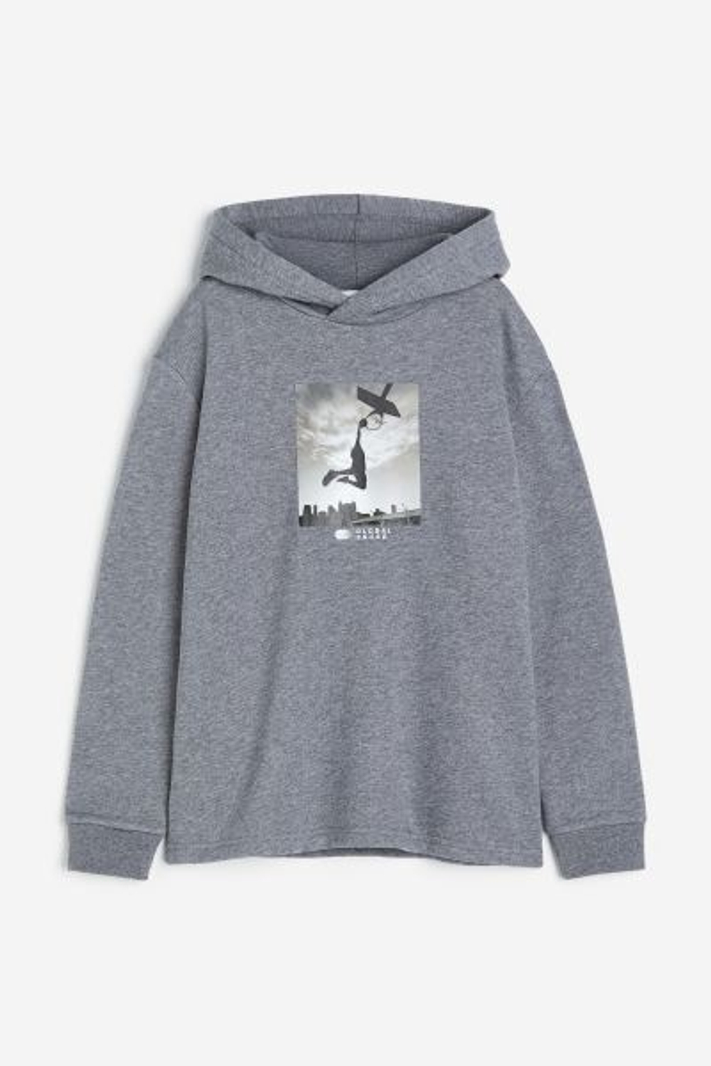 H&M Толстовка с принтом и капюшоном, серый с меланжевым эффектом