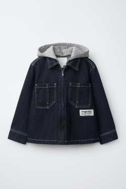 ZARA ДЖИНСОВАЯ КУРТКА-РУБАШКА С ОТСТЕГИВАЮЩИМСЯ КАПЮШОНОМ, ИНДИГО