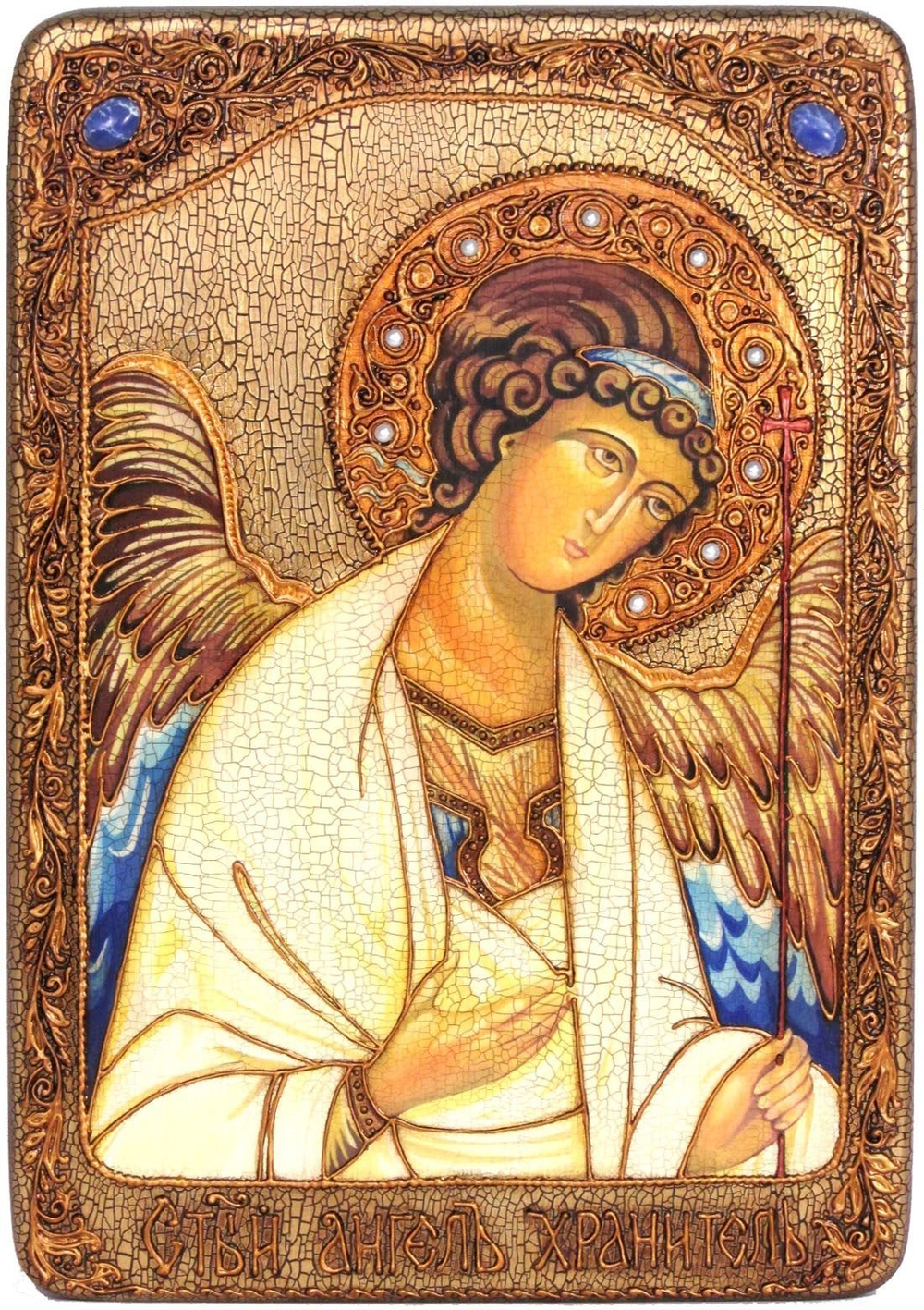 Большая подарочная икона "Ангел Хранитель" на мореном дубе, 42х29см