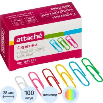 Скрепки канцелярские 28 мм Attache металлические цветные с полимерным покрытием, 100 штук в упаковке