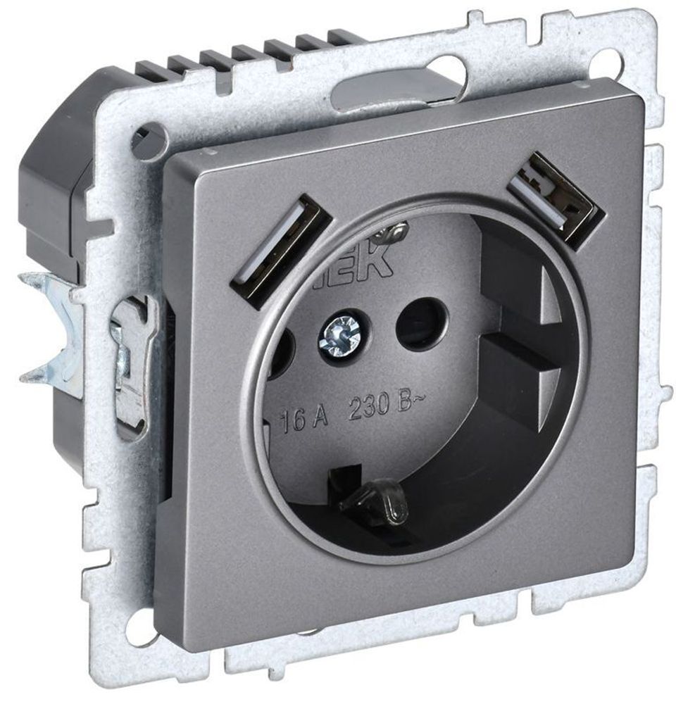 Розетка BRITE РЮш10-1-БрС 16А с USB A+A 2.1А с заземл. защ. шторки механизм сталь IEK BR-R14-16-U21-D21-K46 Розетка BRITE РЮш10-1-БрС 16А с USB A+A 2.1А с заземл. защ. шторки механизм сталь IEK BR-R14-16-U21-D21-K46