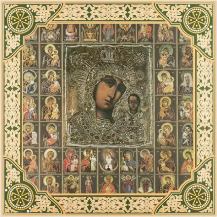 Икона БМ "Казанская" в ризе и Собор Богородицы, рама 28х28, в коробке