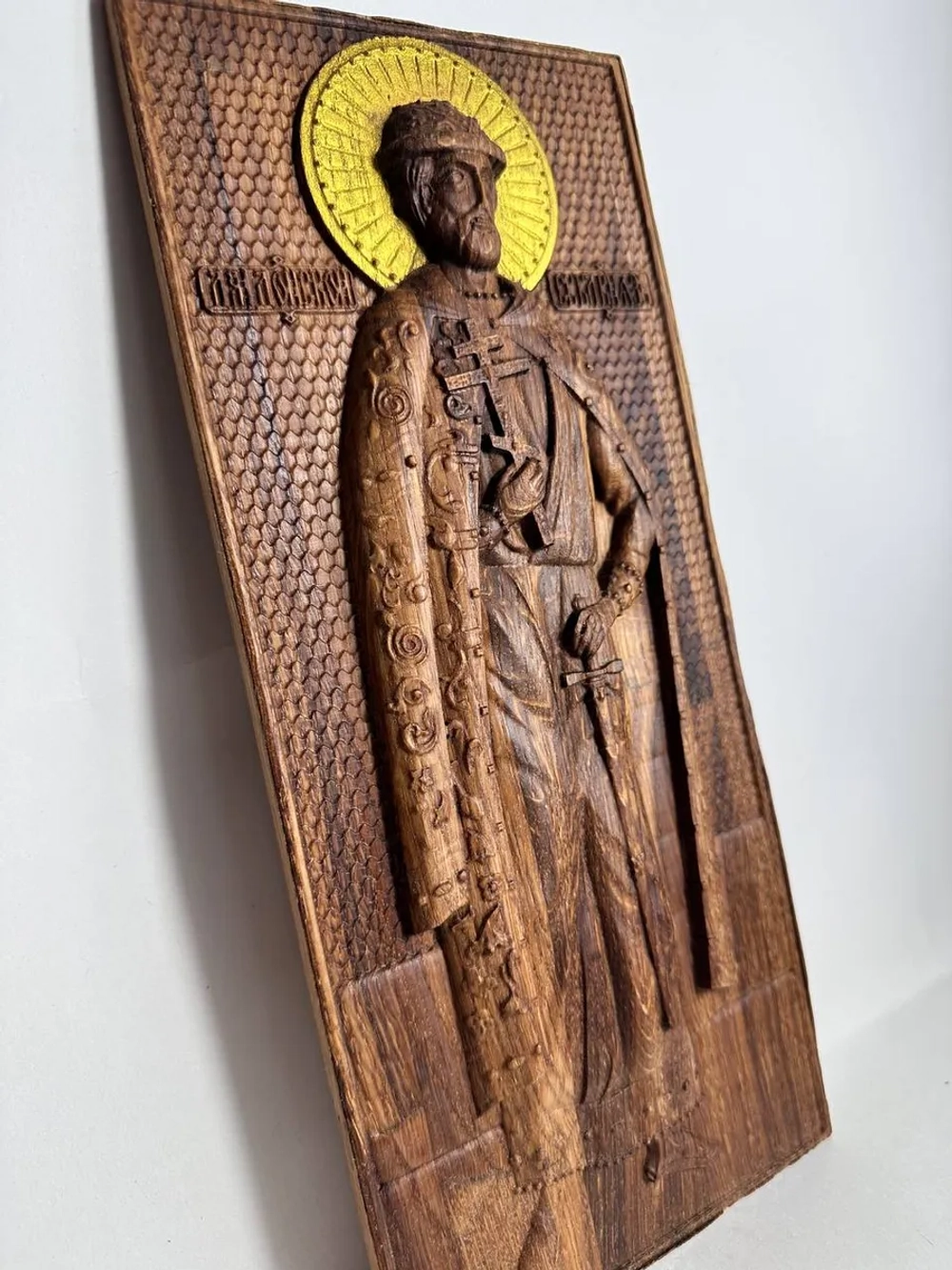 Освященная Икона Дмитрия Донского резная из дуба 31.5х14 см