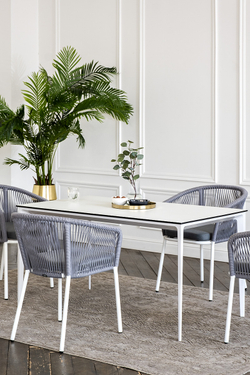 "Малага" обеденная группа на 4 персоны со стульями "Марсель", каркас белый, роуп светло-серый