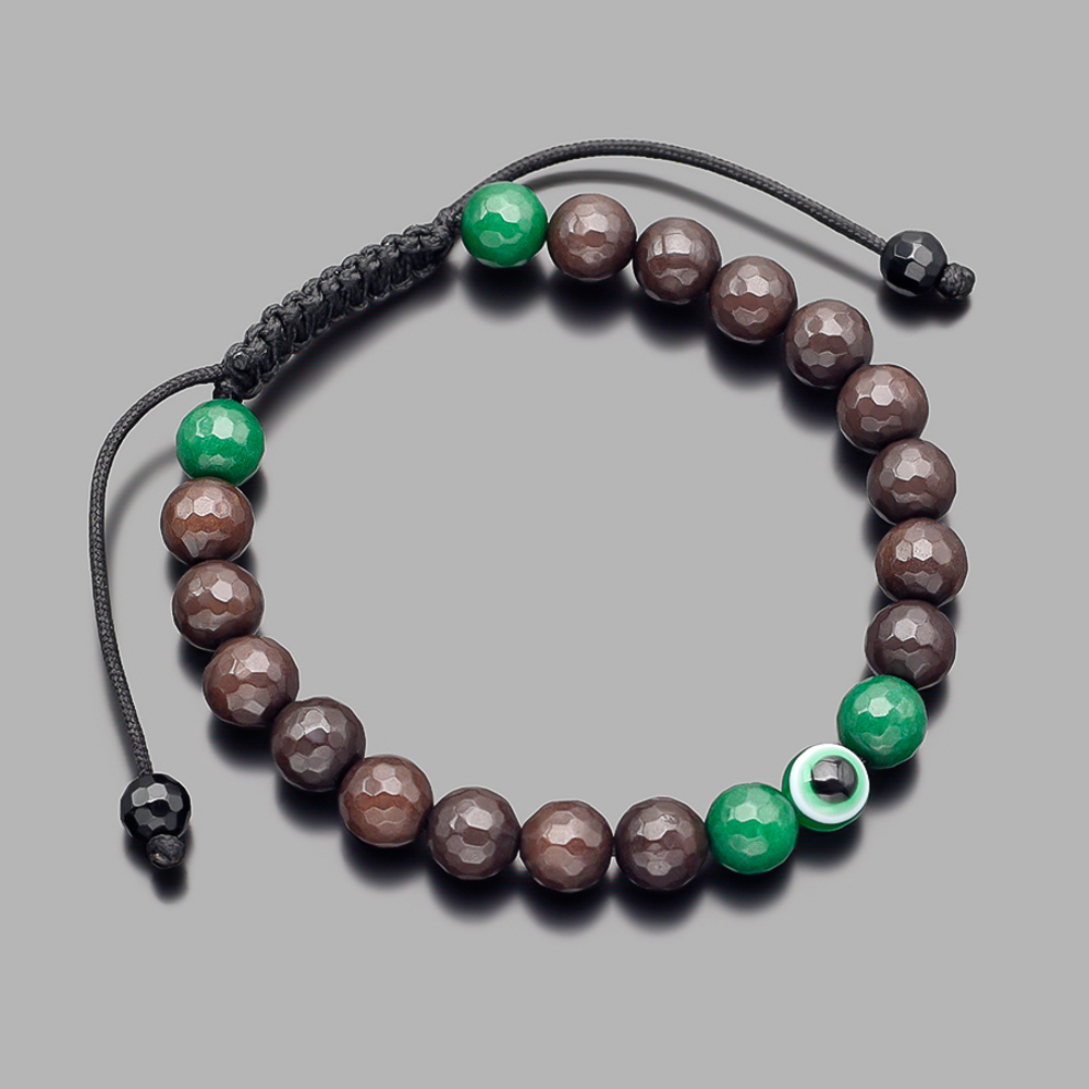 Стильный модный мужской браслет шамбала из гранёного коричневого и зелёного агата "Anil Arjandas Style" с талисманом "Назар" HOGER HG005220