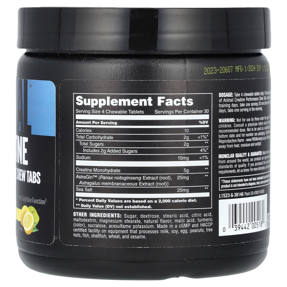 Animal, жевательные таблетки с креатином, со вкусом лимонного мороженого, 120 жевательных таблеток