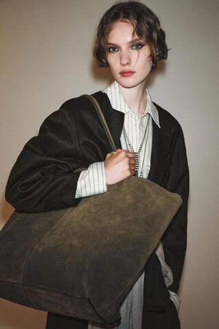 ZARA БОЛЬШАЯ ЗАМШЕВАЯ СУМКА-ШОПЕР, ЗЕЛЕНЫЙ ХАКИ