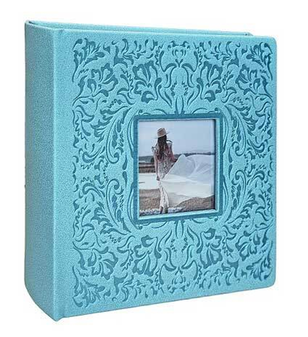 Фотоальбом Делюкс на 200 фото 10х15 см, бум. листы, книж. переплет, с окном suede gri mavi "голубой под замшу"