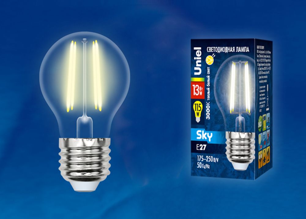LED-G45-13W/3000K/E27/CL PLS02WH Лампа светодиодная. Форма шар, прозрачная. Серия Sky. Теплый белый свет (3000К). Картон. ТМ Uniel.