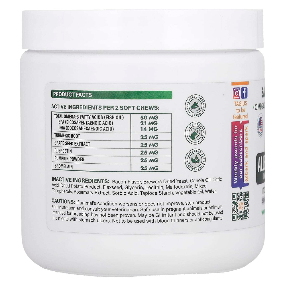 Bark&Spark, Allergy Relief Immune Chews, средство от зуда на коже, для собак, со вкусом бекона, 120 жевательных таблеток, 264 г (9,3 унции)