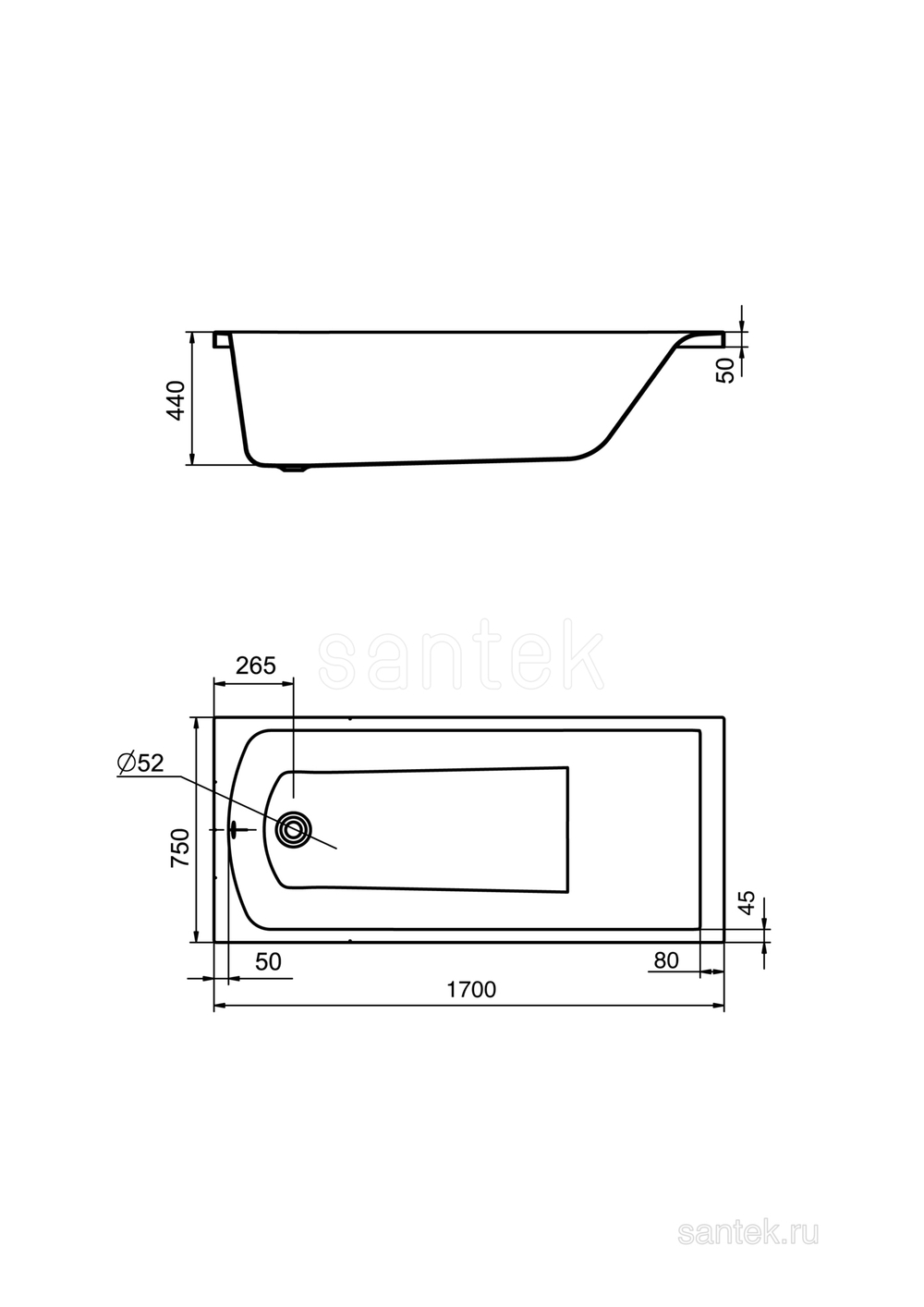 Акриловая ванна Santek Фиджи 170х75 прямоугольная 1WH501596