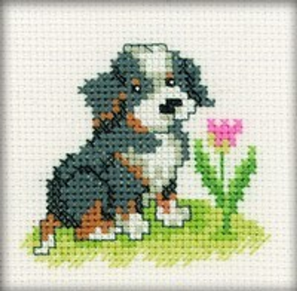 "Песик с цветком"-H084  вышивка