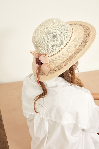 Qadın üçün həsir panama açıq bej T1740-12