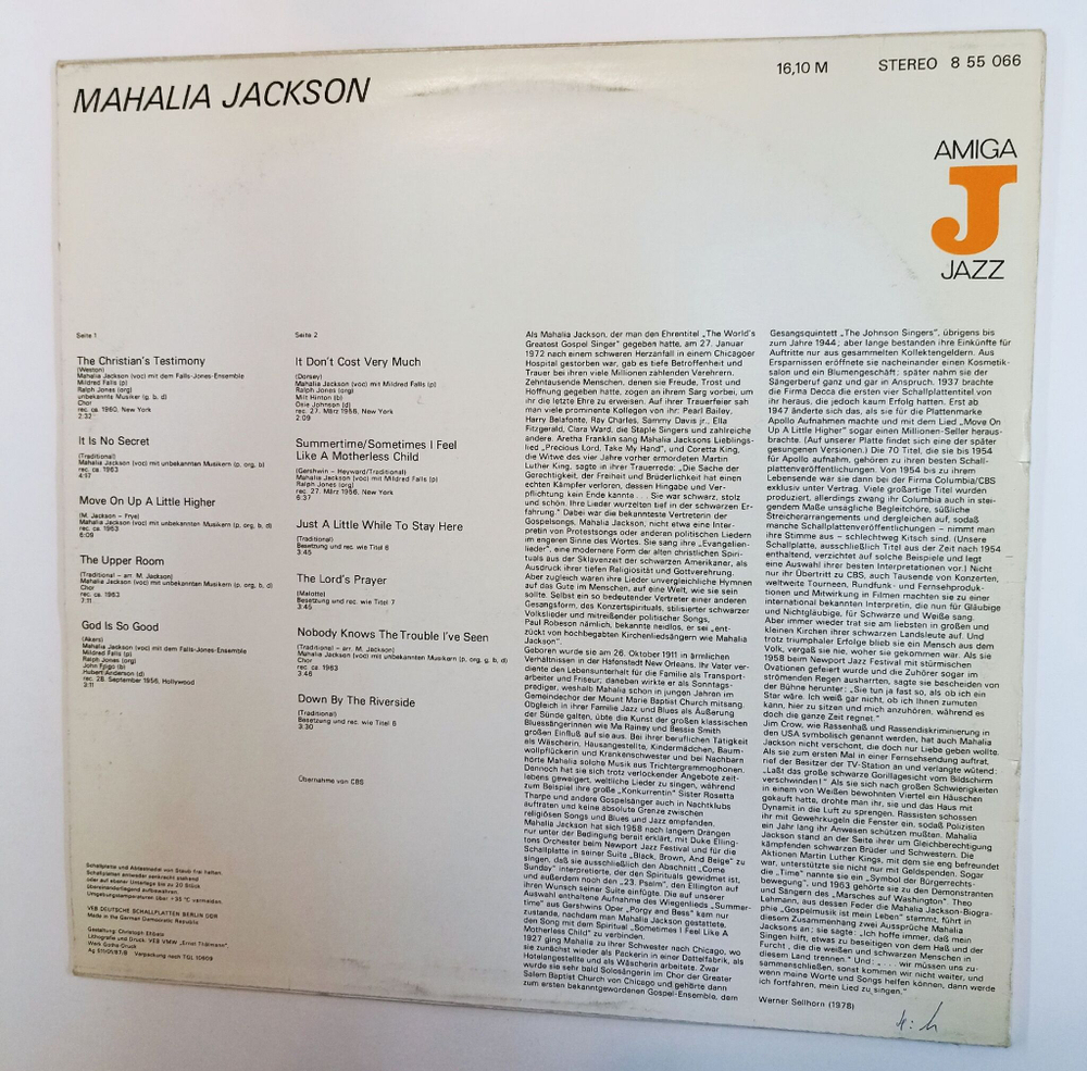 Винтажная виниловая пластинка LP Mahalia Jackson Джексон Махалия (GDR 1978)