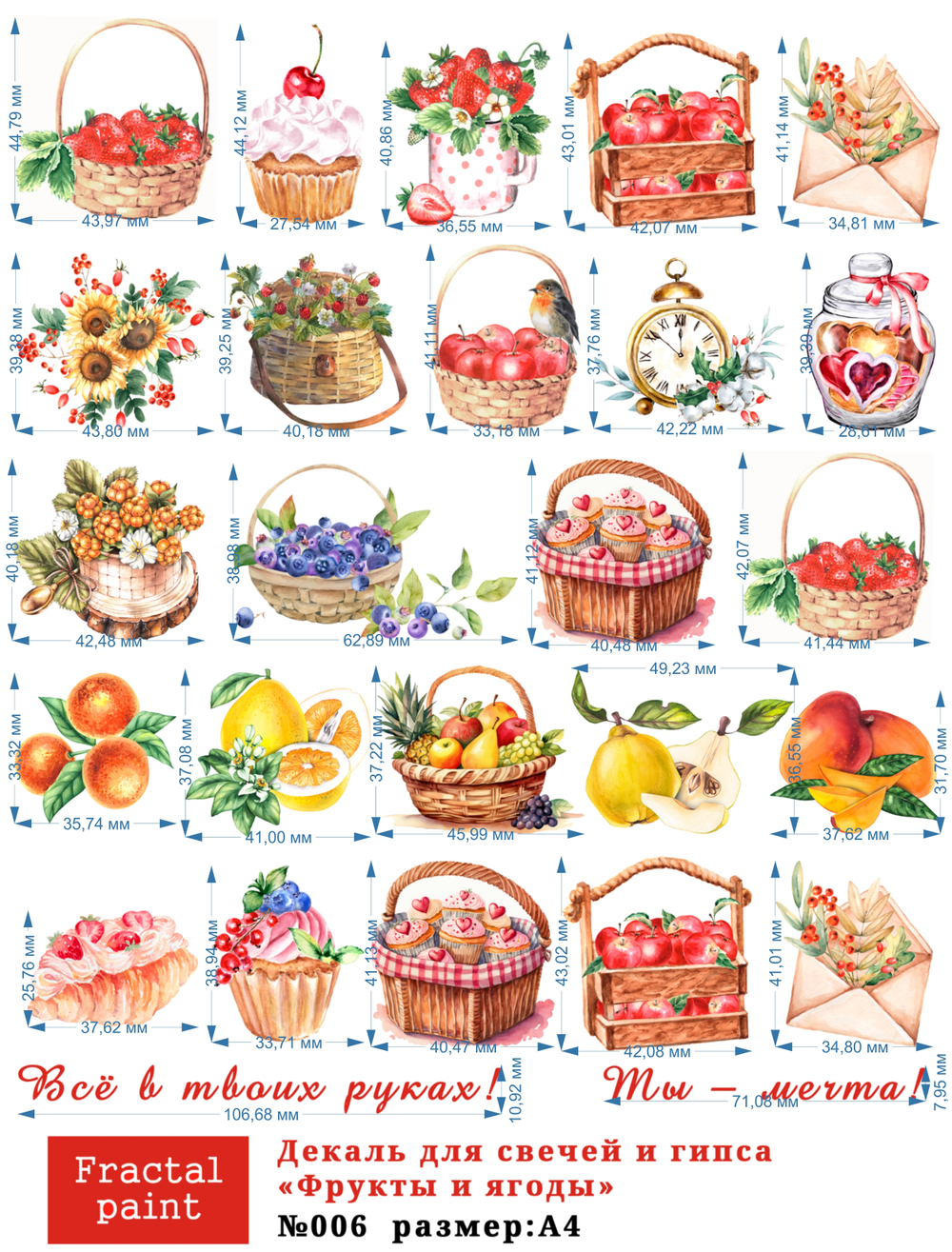 Трансфер переводной - декаль для свечей и гипса фрукты, ягоды 006