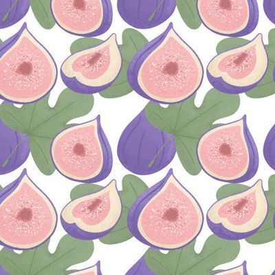 Спелые фиги с листьями. Фруктовый паттерн на белом фоне. Тропические фрукты.