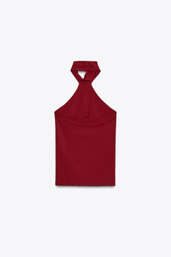 ZARA ТОП ИЗ ПОЛИАМИДА С ГОРЛОВИНОЙ ХАЛТЕР, ЦВЕТ БУРГУНДСКОГО ВИНА