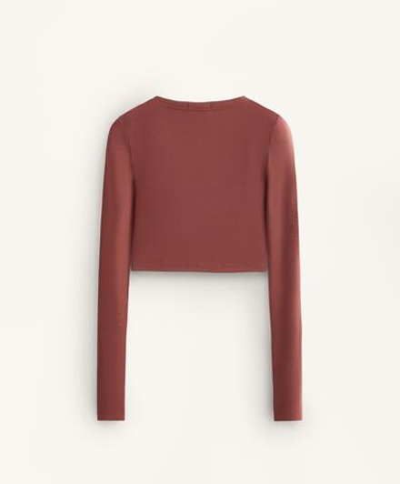 Oysho Топ Comfortlux с перекрестными деталями и длинными рукавами, линялый махагон