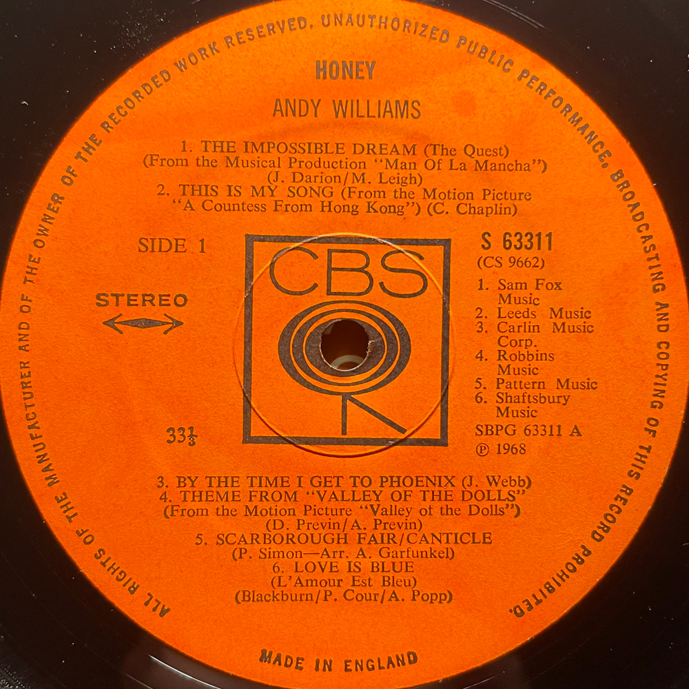 Andy Williams - Honey (Англия 1968г.)