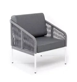 "Канны" кресло плетеное из роупа, каркас алюминий белый муар, роуп светло-серый круглый, ткань серая 017