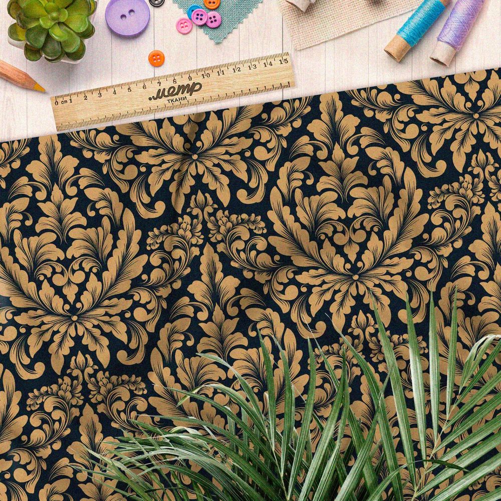 Ткань ниагара бронзовый симметричный узор на чёрном фоне
