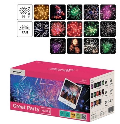 Батарея салютов "Great Party" MC128 100 залпов 0,8"-1-1,2"  (1/1)