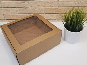 Коробка для пирогов, тортов, пирожных 26х26х10 с окном крафт