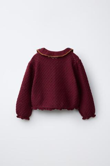 ZARA ТРИКОТАЖНЫЙ КАРДИГАН С ВЫШИВКОЙ ИЗ ХЛОПКА И ЛЬНА, ТЕМНО-БОРДОВЫЙ