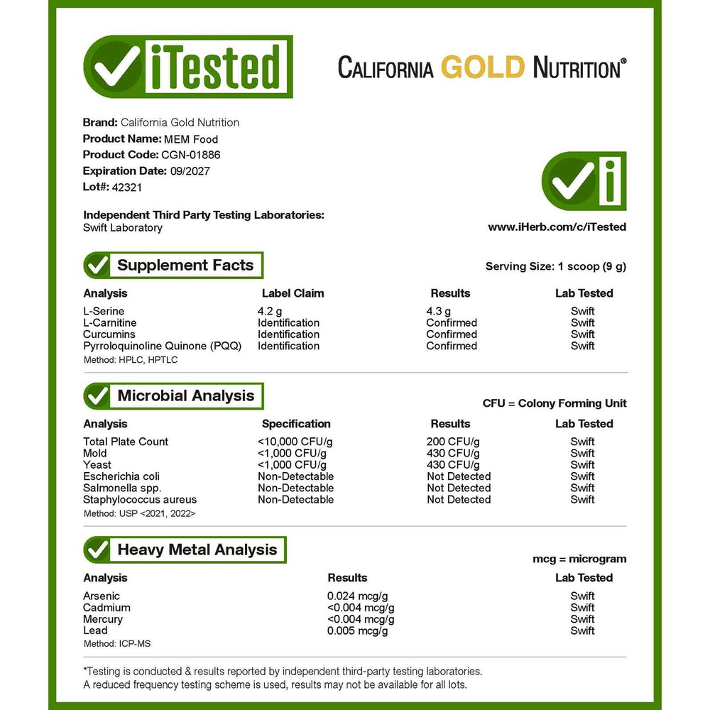 California Gold Nutrition, MEM Food, добавка для поддержки памяти и когнитивных функций со смесью MEM, L-серином, органическим ежовиком гребенчатым и порошком из сока голубики, 510 г (1,12 фунта)
