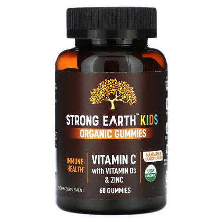 Витамин C YumV's, Органические жевательные мармеладки Strong Earth Kids, витамин C с витамином D3 и цинком, мандарин и апельсин, 60 жевательных мармеладок