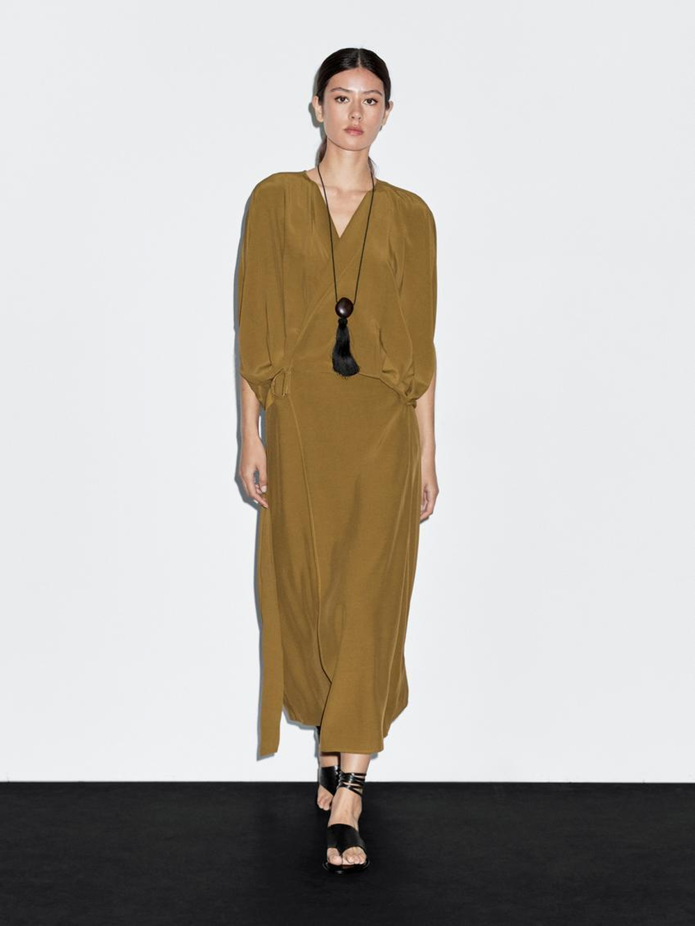 Massimo Dutti Платье внахлест с пряжкой, оливковый