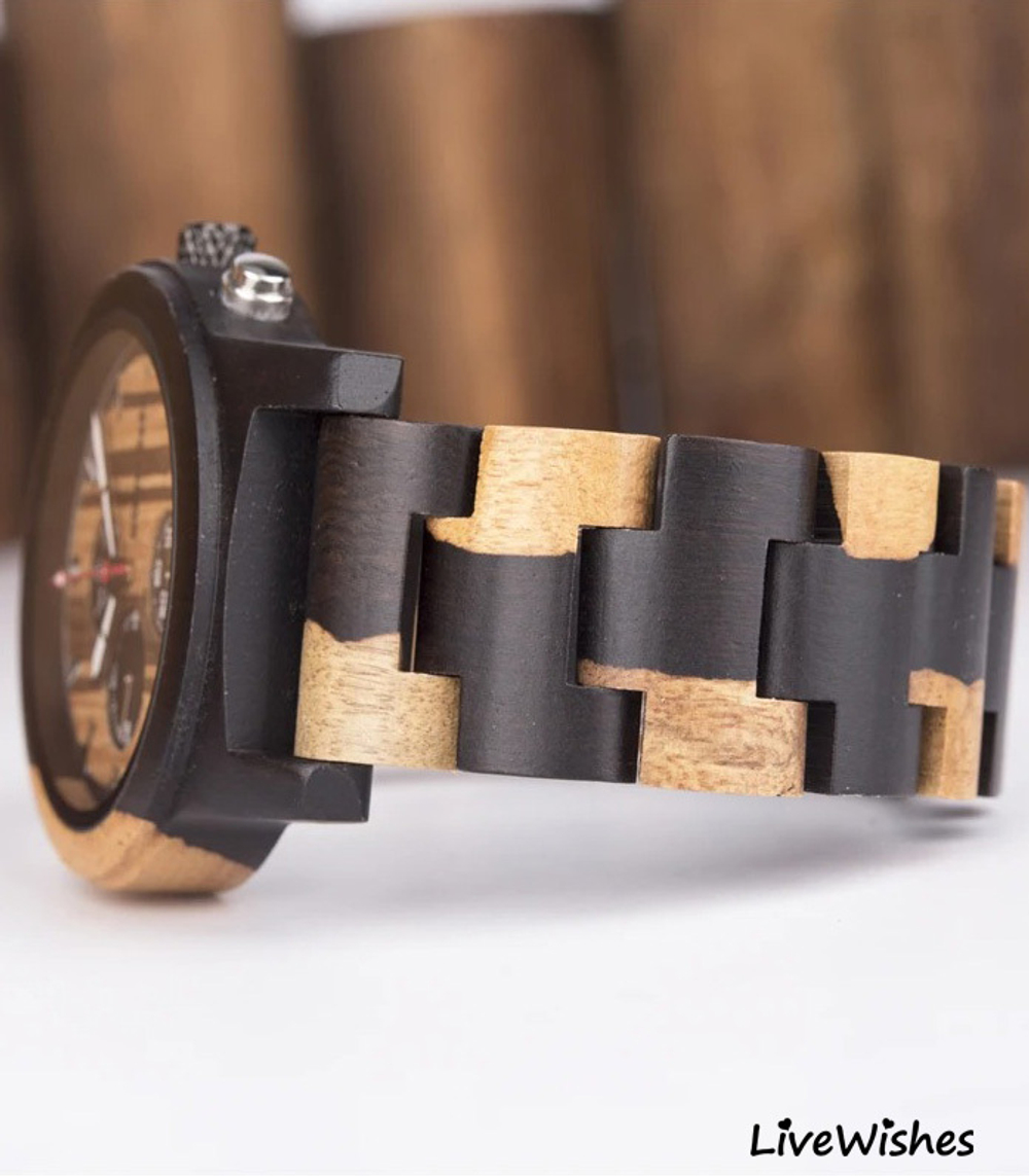 Часы наручные из натурального дерева кварцевые DODO DEER на деревянном браслете, темно-коричневый/черно-коричневый W10620-01