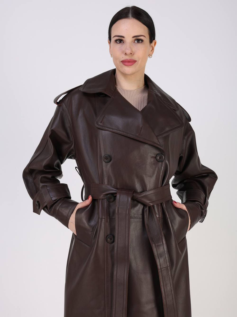 Тренч длинный кожаный с поясом плащ