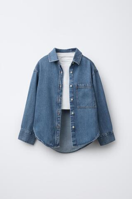 ZARA КОМПЛЕКТ: ДЖИНСОВАЯ РУБАШКА И ФУТБОЛКА В РУБЧИК, СИНИЙ