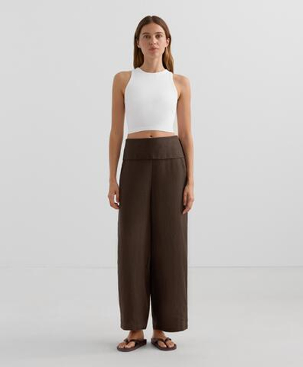 OYSHO Прямые брюки из 100% льна с подвернутым поясом, темно-коричневый