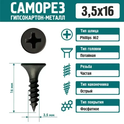 Саморез Rizzel 3,5х16 по металлу фосфатированный (1000 шт)