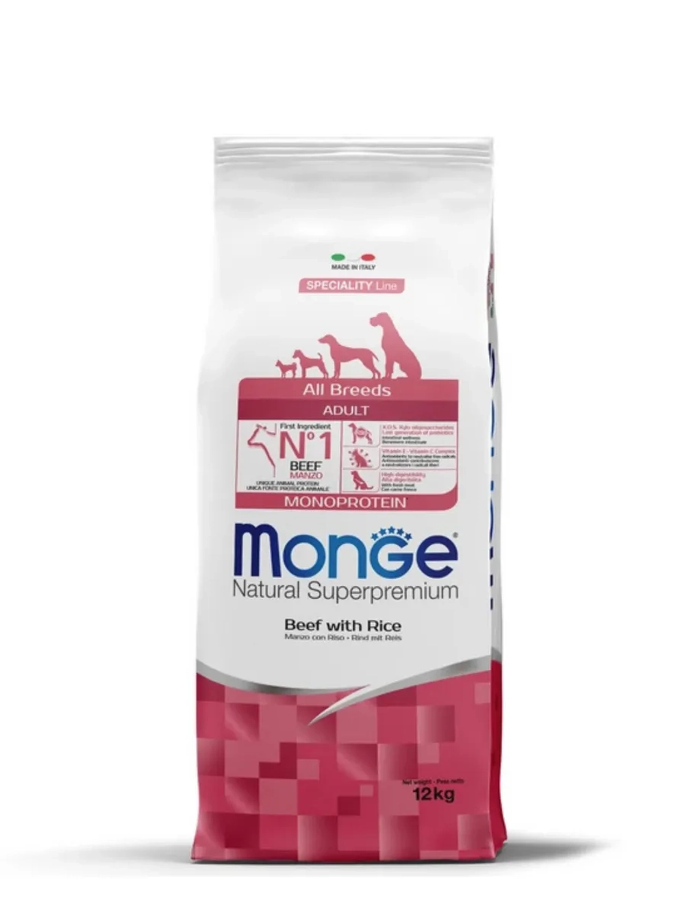 Сухой корм Monge Dog Speciality Line Monoprotein All Breeds Beef and Rice (Монж говядина рис) для взрослых собак всех пород из говядины с рисом 12 кг
