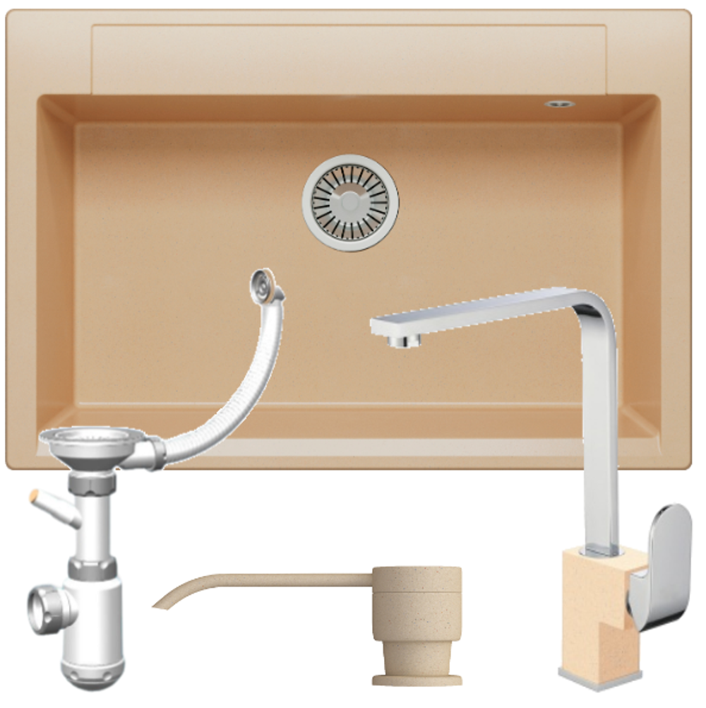 Мойка POLYGRAN ARGO-760 бежевый №27, смеситель КВАДРО бежевый