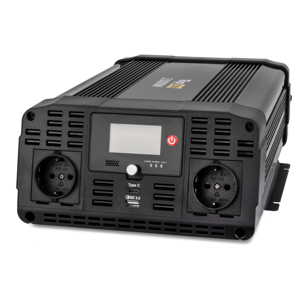 Автомобильный инвертор TopON TOP-PI2000 2000W 2 розетки, чистый синус, Type-C PD, USB QC, LCD экран, пиковая мощность 4000W Черный