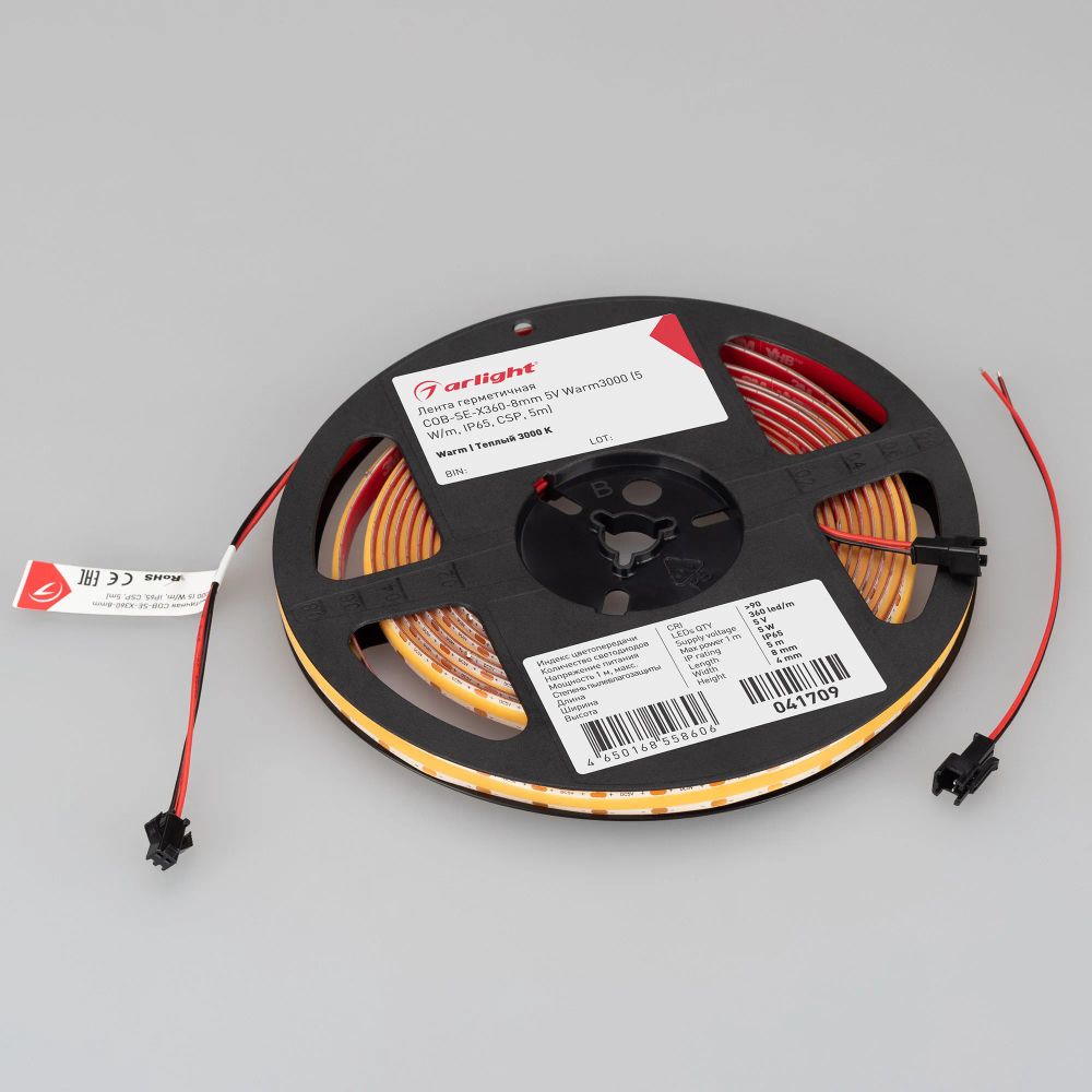 Светодиодная лента герметичная COB-SE-X360-8mm 5V Warm3000 (5 W/m, IP65, CSP, 5m) (Arlight, -) 041709