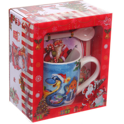 Кружка керамическая 200мл «Милый змей со Снегурочкой» с ложкой в подарочной коробке