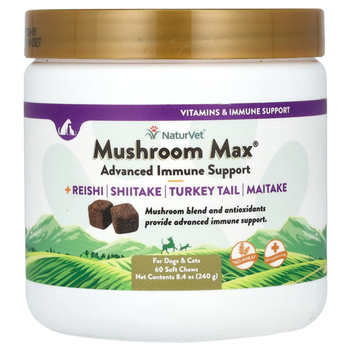 NaturVet, Mushroom Max, улучшенная поддержка иммунитета с индюковидным хвостом, для собак и кошек, 60 жевательных таблеток, 240 г (8,4 унции)