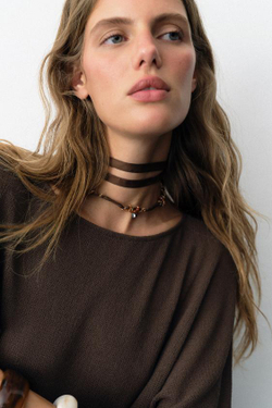 ZARA ТОП В РУСТИКАЛЬНОМ СТИЛЕ С КОРОТКИМИ РУКАВАМИ, КОРИЧНЕВЫЙ