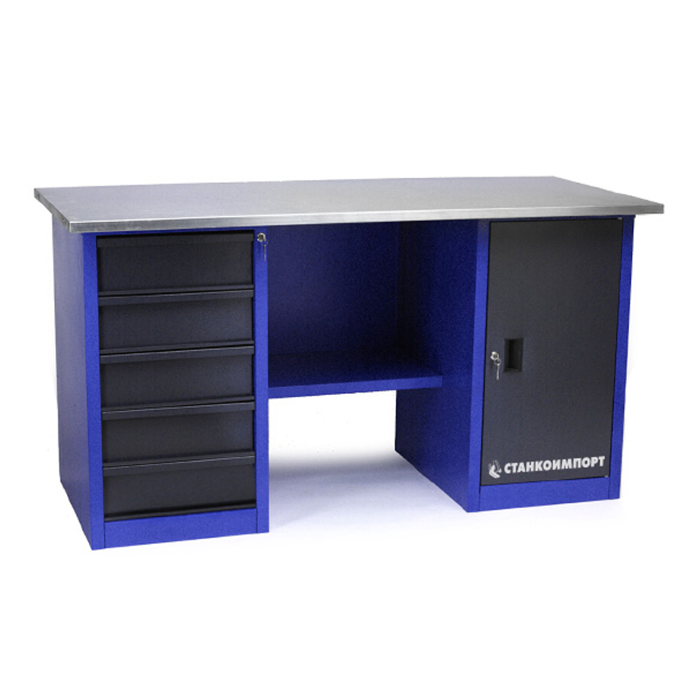 Стол для слесарных работ 1600 мм 2 тумбы (тумба с дверью, тумба с 5-ю ящиками) без экрана