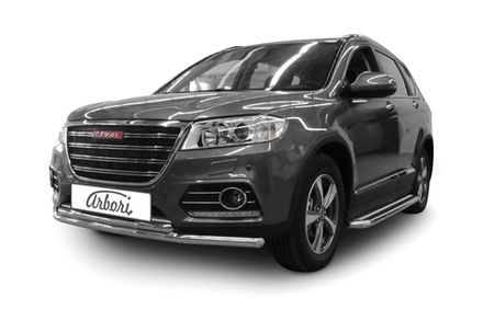 Защита переднего бампера d57+d42 двойная Arbori нерж. сталь для HAVAL H6 2014-нв
