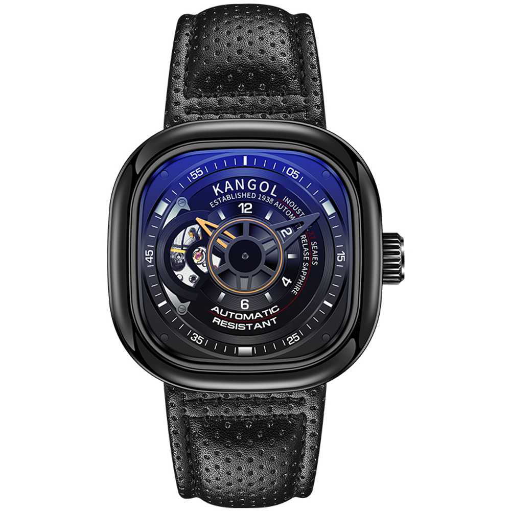 KANGOL Black Friday Automatic Mechanical Movement Genuine Leather Strap Watch Men"s Watches Skeleton Dial