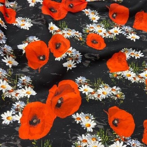 Ткань трикотаж неопрен набивной маки и ромашки  1191